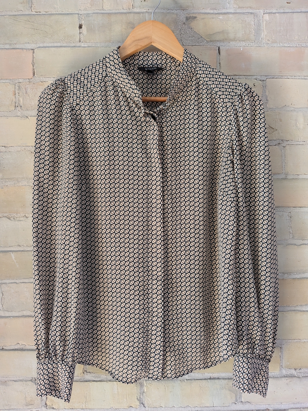 2 For $40 RW&CO. Beige and Navy Geometric Button-Down Blouse